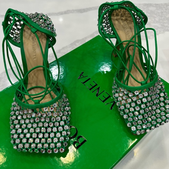 Bottega Veneta Sparkle Stretch Lace Up Green Heels 💚 - Picture 3 of 7